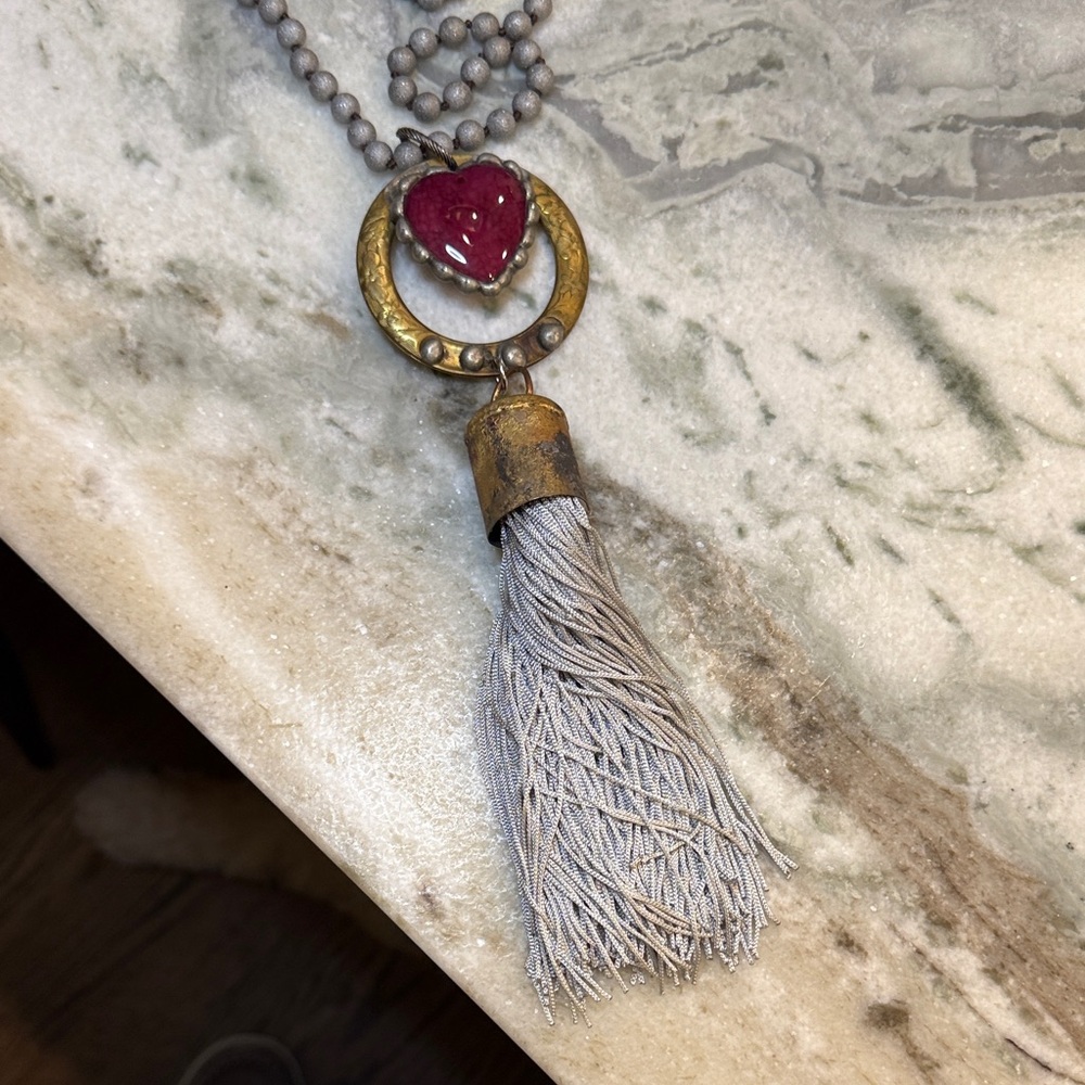 Gold and Red Heart Pendant Necklace with Silver (glitter) Beads